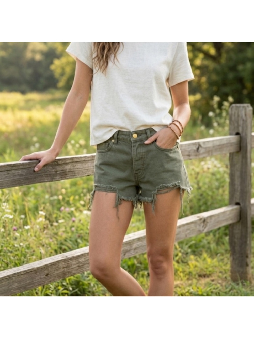 Brandy Melville Olive Green Distressed Raw Hem Denim Shorts Size 26 Festival